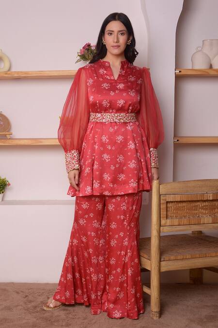 Buy_Surabhi Arya_Red Modal Satin Floral, Sequin And Beads Work V Printed Tunic & Bell Bottoms Set_Online_at_Aza_Fashions