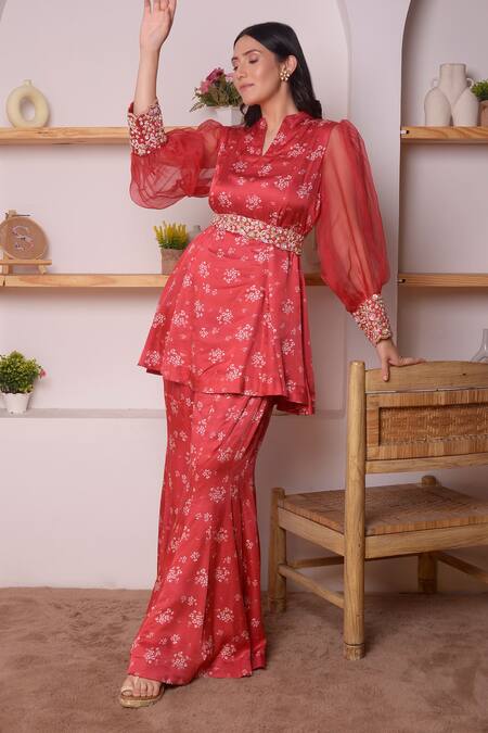 Shop_Surabhi Arya_Red Modal Satin Floral, Sequin And Beads Work V Printed Tunic & Bell Bottoms Set_Online_at_Aza_Fashions