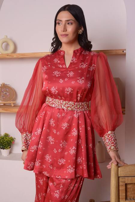 Surabhi Arya_Red Modal Satin Floral, Sequin And Beads Work V Printed Tunic & Bell Bottoms Set_at_Aza_Fashions