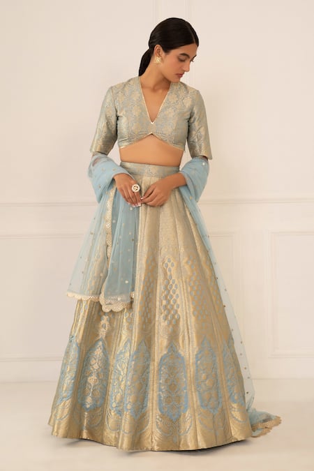Studio Iris India_Blue Silk V Neck Banarasi Lehenga Set _Online_at_Aza_Fashions