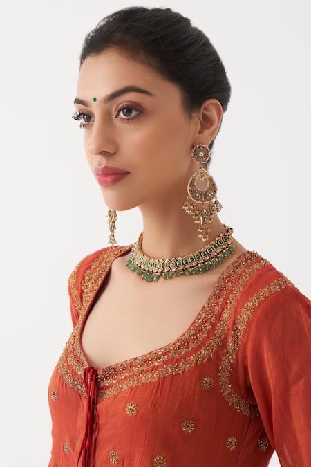 Shop Rhua Red Dupatta Crushed Silk, Kurta Handwoven Sahira Embroidered Anarkali Set Online at Aza Fashions Shop_Rhua_Red Dupatta Crushed Silk, Kurta Handwoven Sahira Embroidered Anarkali Set _Online_at_Aza_Fashions