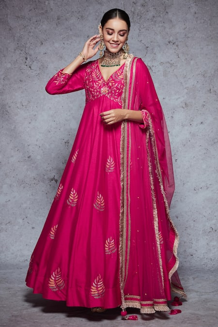 Ajiesh Oberoi_Pink Dupion Silk, Soft Net V Neck Floral Embroidered Anarkali Set _Online_at_Aza_Fashions