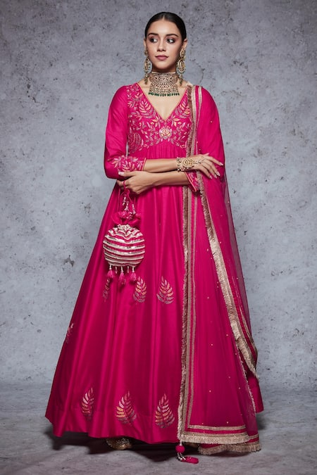 Shop_Ajiesh Oberoi_Pink Dupion Silk, Soft Net V Neck Floral Embroidered Anarkali Set _Online_at_Aza_Fashions