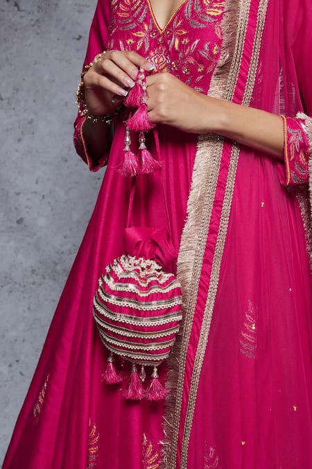 Ajiesh Oberoi_Pink Dupion Silk, Soft Net V Neck Floral Embroidered Anarkali Set _at_Aza_Fashions