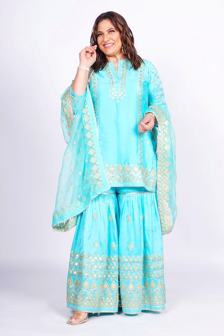 Shop_Gopi Vaid_Blue Tussar, Organza Cut Work, Sequins Split Geometric Woven Kurta Sharara Set _Online_at_Aza_Fashions