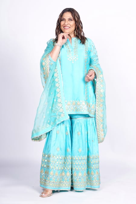 Shop_Gopi Vaid_Blue Tussar, Organza Cut Work, Sequins Split Geometric Woven Kurta Sharara Set _at_Aza_Fashions