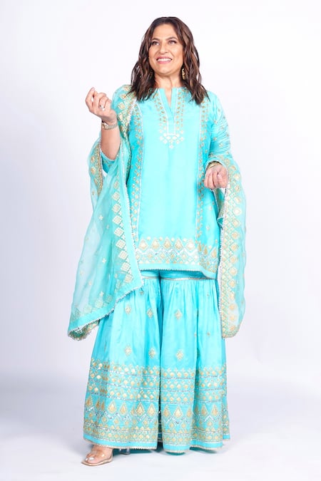 Gopi Vaid_Blue Tussar, Organza Cut Work, Sequins Split Geometric Woven Kurta Sharara Set _Online_at_Aza_Fashions