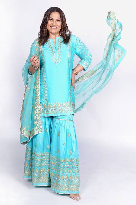 Buy_Gopi Vaid_Blue Tussar, Organza Cut Work, Sequins Split Geometric Woven Kurta Sharara Set _Online_at_Aza_Fashions