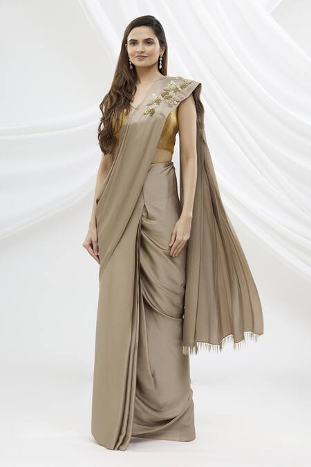 Kommal Sood Beige Satin Embroidered Pre-draped Saree