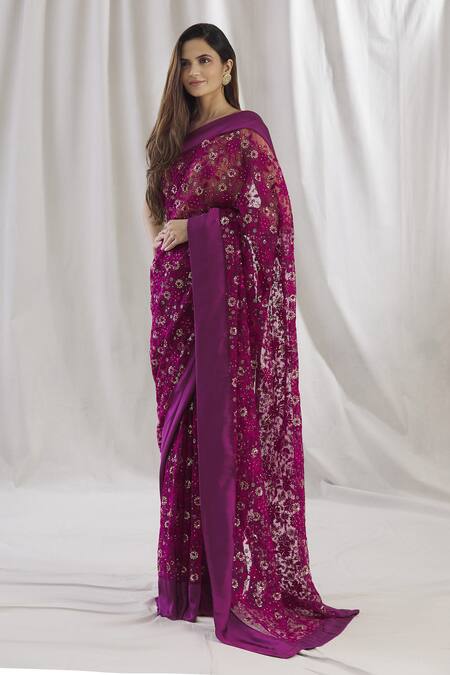 Kommal Sood Purple Net Floral Embroidered Saree