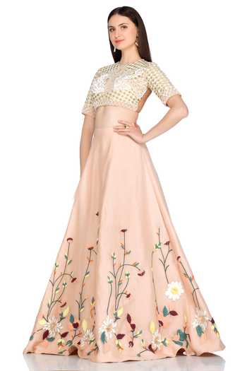 Salt And Spring_Pink Organza Floral Motifs Round Embroidered Lehenga And Blouse Set _Online_at_Aza_Fashions