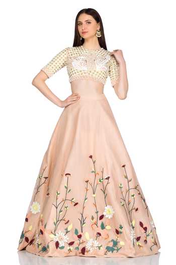 Buy_Salt And Spring_Pink Organza Floral Motifs Round Embroidered Lehenga And Blouse Set _Online_at_Aza_Fashions