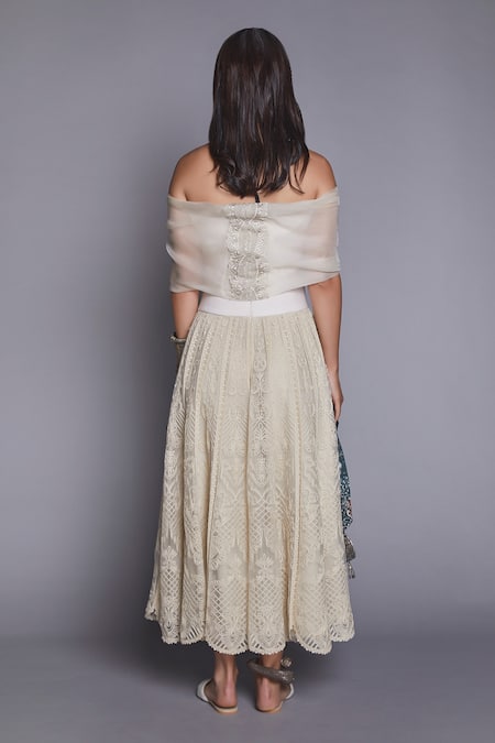 Shop_Jade By Monica & Karishma_Beige Organza Off Shoulder Dress  _at_Aza_Fashions