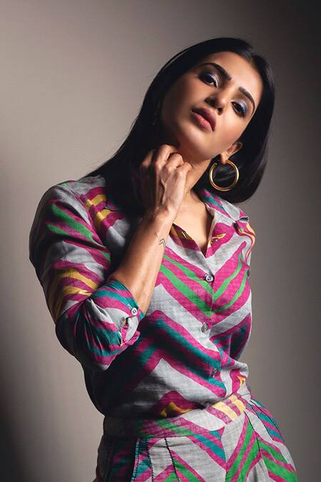 Shop_Saaksha & Kinni_Grey Cotton Silk Spread Collar Leheriya Print Pant Set_at_Aza_Fashions