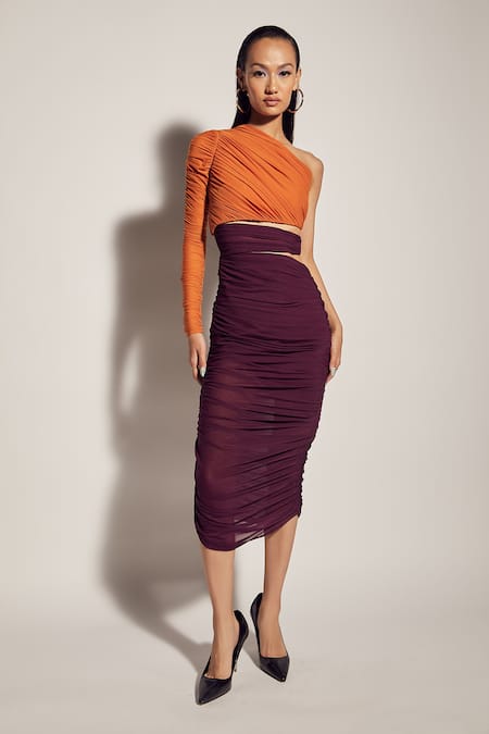 Sameer Madan Purple Stretch Net And Jersey One Shoulder Midi Dress