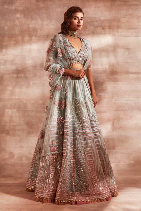 Studio Iris India Green Organza V Neck Bridal Lehenga Set Online at Aza Fashions Studio Iris India_Green Organza V Neck Bridal Lehenga Set _Online_at_Aza_Fashions