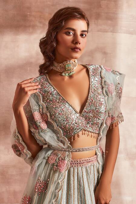 Shop Studio Iris India Green Organza V Neck Bridal Lehenga Set Online at Aza Fashions Shop_Studio Iris India_Green Organza V Neck Bridal Lehenga Set _Online_at_Aza_Fashions