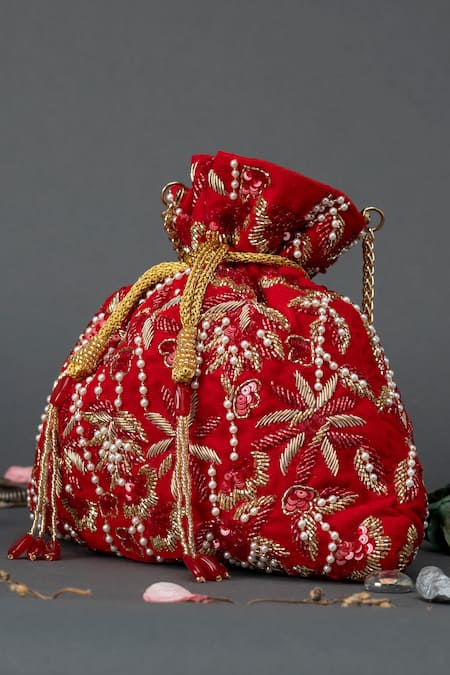 Shop Eena Red Embellished Potli Bag at Aza Fashions Shop_Eena_Red Embellished Potli Bag _at_Aza_Fashions