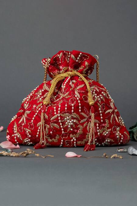 Eena Red Embellished Potli Bag Online at Aza Fashions Eena_Red Embellished Potli Bag _Online_at_Aza_Fashions