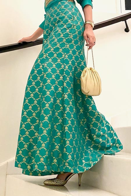 Buy_Gopi Vaid_Blue Shirt Tussar  Pant Brocade Flared Sharara And Set _Online_at_Aza_Fashions