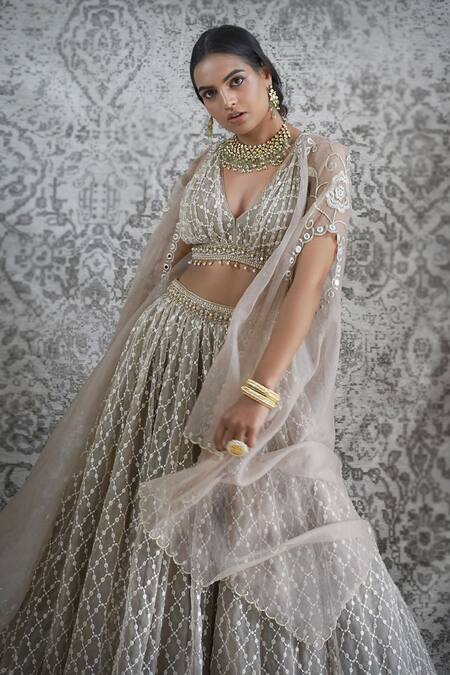 Cedar & Pine_Beige Organza Mirror, Sequin, Crystals And Bead Work, Embroidered Lehenga Set_Online_at_Aza_Fashions