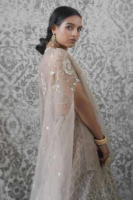 Buy_Cedar & Pine_Beige Organza Mirror, Sequin, Crystals And Bead Work, Embroidered Lehenga Set_Online_at_Aza_Fashions