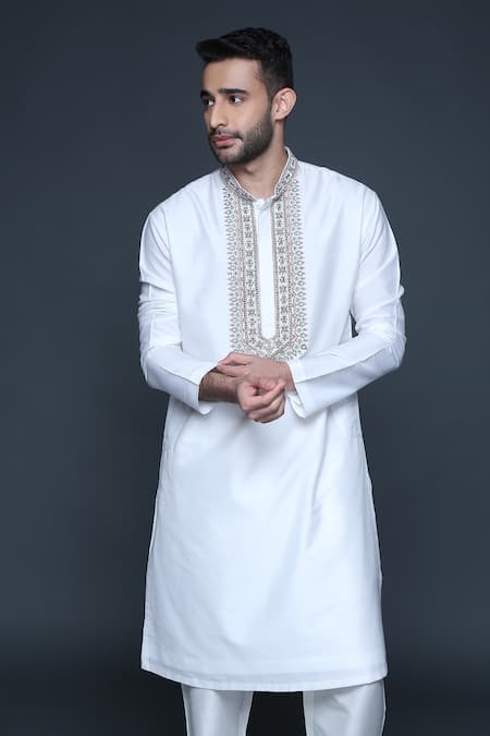 Shop_Sanjev Marwaaha_Ivory Cotton, Silk Embroidery Thread Mandarin Collar Kurta Set_Online_at_Aza_Fashions
