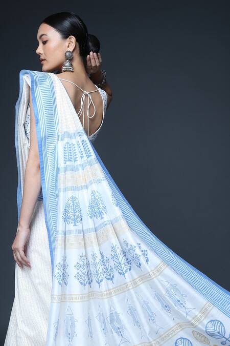 Shop Sanjev Marwaaha Ivory Chanderi Printed Geometric U Neck Conventional Block Saree With Blouse Online at Aza Fashions Shop_Sanjev Marwaaha_Ivory Chanderi Printed Geometric U Neck Conventional Block Saree With Blouse_Online_at_Aza_Fashions