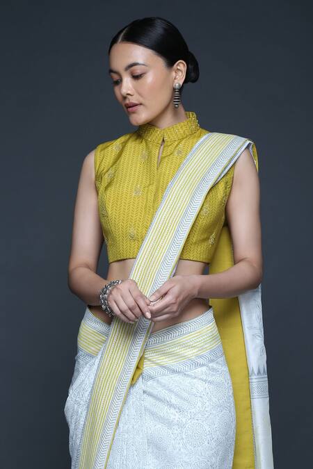 Shop_Sanjev Marwaaha_Yellow Chanderi Printed Floral Band Collar Block Saree With Blouse_Online_at_Aza_Fashions