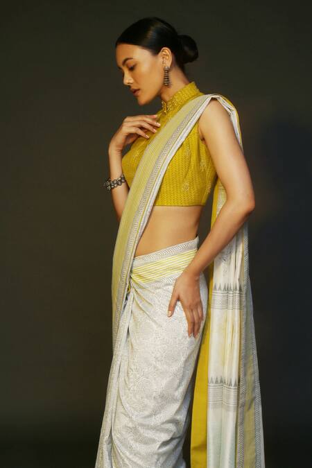 Sanjev Marwaaha_Yellow Chanderi Printed Floral Band Collar Block Saree With Blouse_at_Aza_Fashions