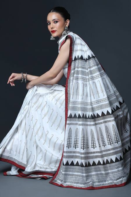 Shop_Sanjev Marwaaha_Black Chanderi Printed Paisley Band Collar Signature Block Saree With Bouse_Online_at_Aza_Fashions