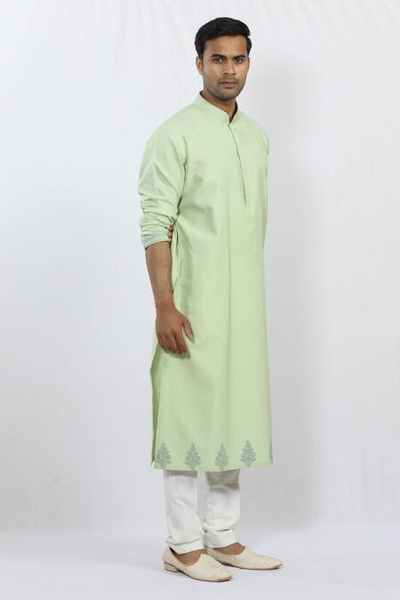 Sankalan - Men_Green Cotton Silk Floral Kurta_Online_at_Aza_Fashions