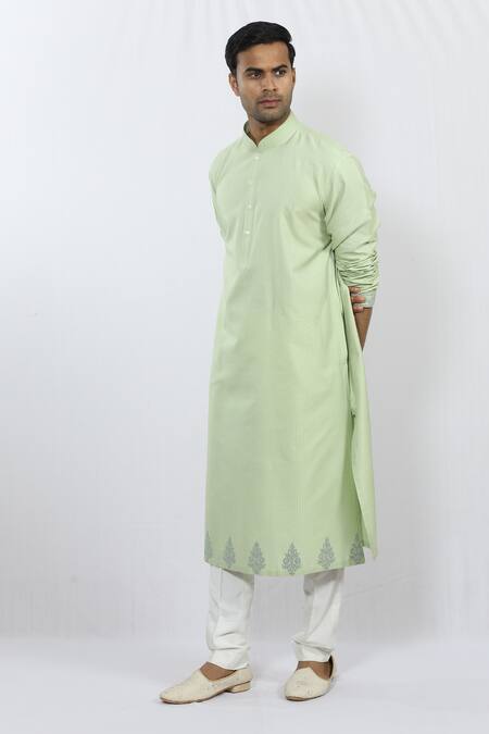 Buy_Sankalan - Men_Green Cotton Silk Floral Kurta_Online_at_Aza_Fashions