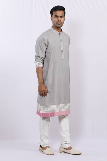 Sankalan - Men_Grey Cotton Silk Geometric Kurta_Online_at_Aza_Fashions