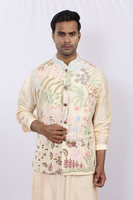 Shop_Sankalan - Men_Peach Silk Floral Embroidered Bundi_Online_at_Aza_Fashions