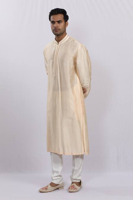 Buy_Sankalan - Men_Peach Silk Pleated Kurta_Online_at_Aza_Fashions