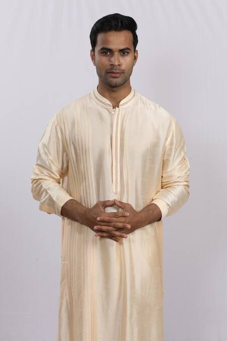 Shop_Sankalan - Men_Peach Silk Pleated Kurta_Online_at_Aza_Fashions