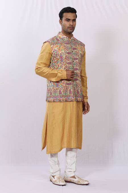 Sankalan - Men_Yellow Pashmina Silk Cashmere Bundi_Online_at_Aza_Fashions