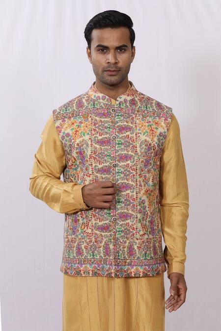 Shop_Sankalan - Men_Yellow Pashmina Silk Cashmere Bundi_Online_at_Aza_Fashions