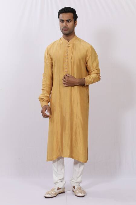 Buy_Sankalan - Men_Yellow Silk Embroidered Kurta_Online_at_Aza_Fashions