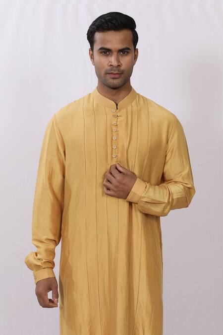 Shop_Sankalan - Men_Yellow Silk Embroidered Kurta_Online_at_Aza_Fashions