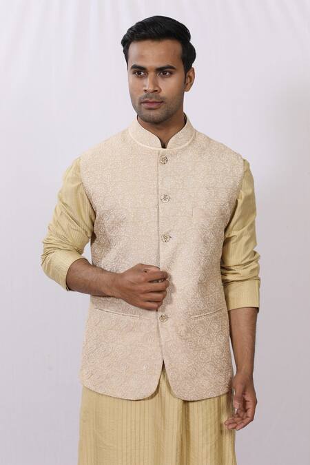 Shop_Sankalan - Men_Beige Silk Floral Embroidered Bundi_Online_at_Aza_Fashions