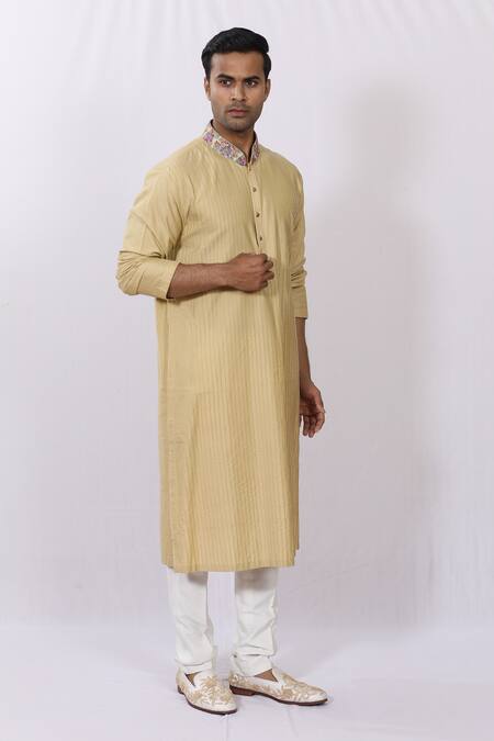 Sankalan - Men_Beige Silk Pintuck Cotton Kurta_Online_at_Aza_Fashions
