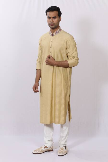 Buy_Sankalan - Men_Beige Silk Pintuck Cotton Kurta_Online_at_Aza_Fashions