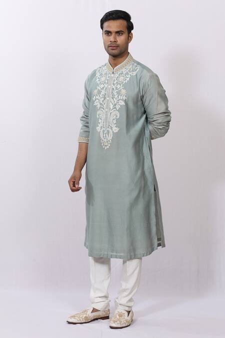 Buy_Sankalan - Men_Blue Silk Floral, Aari Chanderi Embroidered Kurta_Online_at_Aza_Fashions