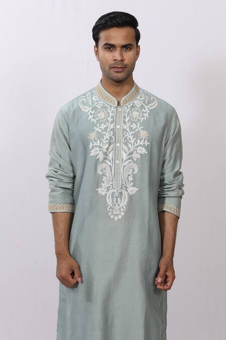 Shop_Sankalan - Men_Blue Silk Floral, Aari Chanderi Embroidered Kurta_Online_at_Aza_Fashions