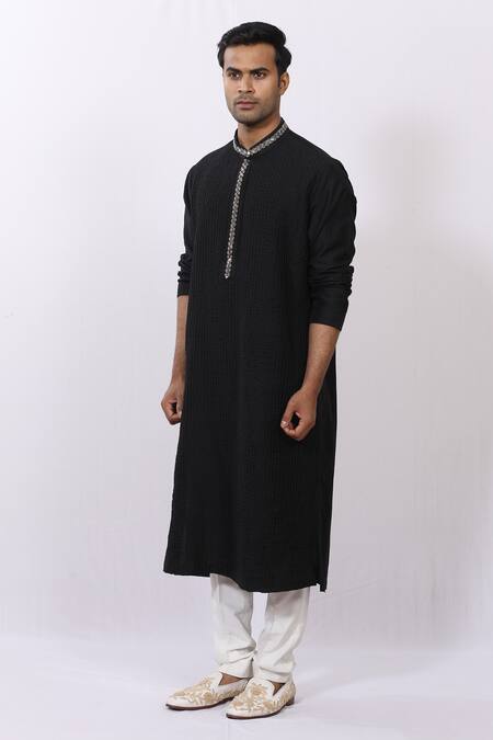 Buy_Sankalan - Men_Black Cotton Silk Pintuck Kurta_Online_at_Aza_Fashions