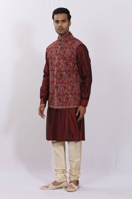 Buy_Sankalan - Men_Maroon Pashmina Silk Cashmere Embroidered Bundi_Online_at_Aza_Fashions