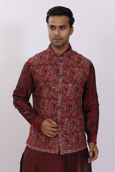Shop_Sankalan - Men_Maroon Pashmina Silk Cashmere Embroidered Bundi_Online_at_Aza_Fashions