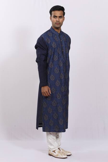 Sankalan - Men_Blue Chanderi Silk Floral Embroidered Kurta_Online_at_Aza_Fashions